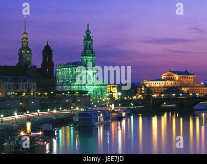 Germany, Saxony, Dresden, Old Town, lighting, evening, town, place of interest, destination, riverside, lock, court church, kennel, Semperoper, building, structures, architecture, darkness, outside, mirroring, water surface, Stock Photo