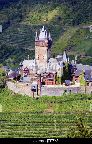 Germany, the Moselle, Cochem, vineyards, imperial castle, Rhineland-Palatinate, Moselle valley, hill, castle, castle grounds, building, structure, architecture, place of interest, destination, tourism, wine-growing area, vineyards, annex, wine, agriculture, viticulture, Stock Photo