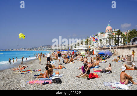 France, Provence, Cote d'Azur, Nice, beach, tourist, the South of France, Mediterranean coast, beach, gravel beach, bathers, people, détente, rest, to solar bath, destination, tourism, summer vacation, beach holiday, vacation, holidays, Stock Photo