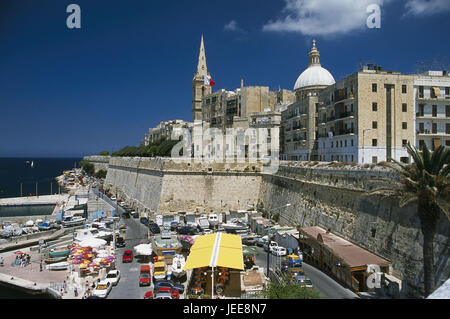 Island Malta, peninsula Sciberras, Valletta, Marsamxett Harbour, St. Salvatore of bastion, St. Paul's cathedral, sea, Maltese islands, Mediterranean island, coast, capital, town, town view, Old Town, UNESCO-world cultural heritage, fortress, structures historically, sacred construction, church, in Anglican way, places of interest, Küstenstrasse, Uferstrasse, street cafes, traffic, the Mediterranean Sea,