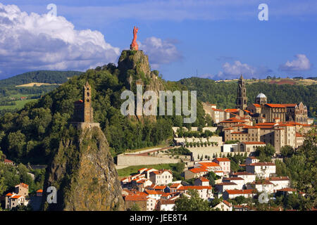 France, Le Puy-en-Velay, town view, churches, statue, Europe, destination, place of interest, landmark, culture, UNESCO-world cultural heritage, volcano cone, volcano needle, rock, Marien's statue, madonna figure, band, church, cathedral, churches, sacred setting, Stock Photo