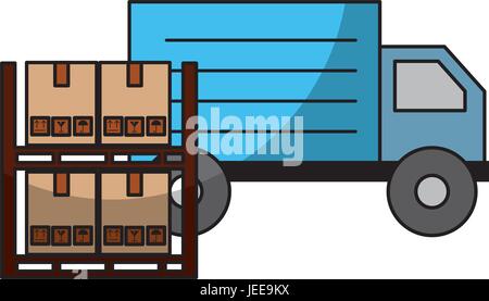 pile boxes carton in shelf with truck delivery icon Stock Vector