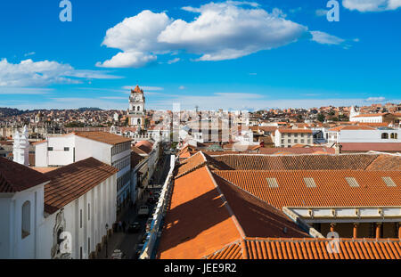 Aerial view of downtown Sucre with the cathedral from La Merced church, Bolivia Stock Photo