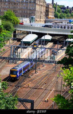 Abellio Scotrail Bombardier Turbostar railway locomotives at Edinburgh's Waverley station. Scotland Stock Photo
