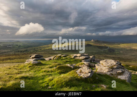 View from Rippon Tor across to Saddle Tor and Haytor on Dartmoor in Devon Stock Photo