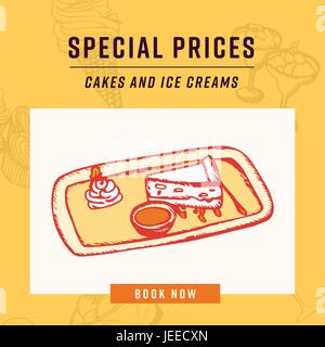 Greeting card with pizza and special prices text Stock Vector