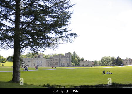 Loveliest castle in the world Leeds Castle in Kent England surrounded with beautiful woods, lake and land for recreation. Bird show with trained Owl Stock Photo