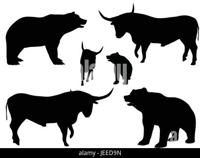 EPS 10 vector illustration of bear and bull silhouette isolated on white background, finance and stock market concept, up and down, sales, buyings Stock Vector