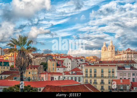 Lisbon is Portugal’s hilly, coastal capital city. From imposing São Jorge Castle, the view encompasses the old city’s pastel-colored buildings, Tagus Estuary and the Se Cathedral. Stock Photo