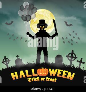 halloween spooky clown in a night graveyard Stock Vector