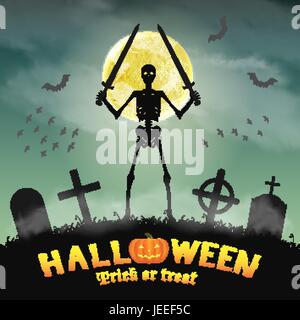 halloween skeleton warriors in a night graveyard Stock Vector