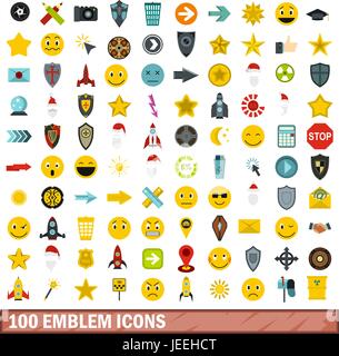 100 emblem icons set, flat style Stock Vector