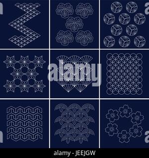 Japanese pattern Sashiko is a form of decorative reinforcement stitching (or functional embroidery) from Japan. Blue pattern and white line on Indigo Stock Vector