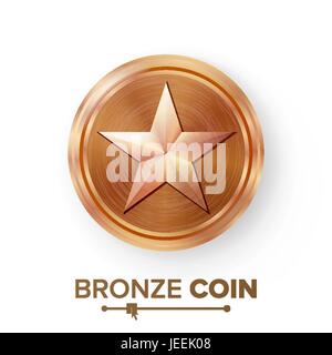Game Bronze Coin Vector With Star. Realistic Bronze Achievement Icon Illustration. For Web, Video Game Stock Vector