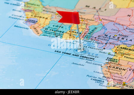 Photo of Sao Tome and Principe marked by red flag in holder. Country on African continent. Stock Photo