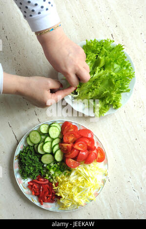Mix of fresh organic raw sliced vegetables on two white plates on the wooden table. Process of cooking. Top view, flat lay. Stock Photo