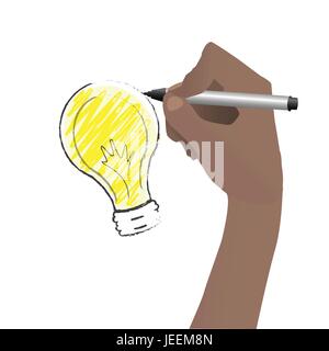 Process of creating an idea. Hand with a marker drawing a light bulb. Vector illustration for your design. On white background. Stock Vector