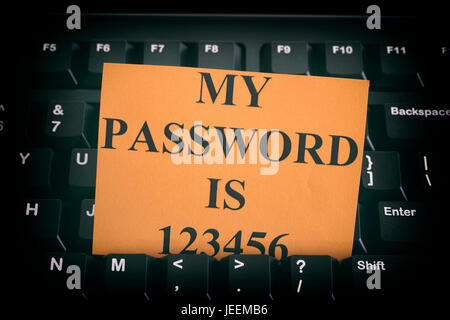 Paper note with easy password on black computer keyboard. Internet security concept. Close up. Stock Photo