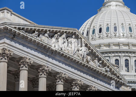 The Apotheosis of Democracy Pediment over the entrance to the south wing (House wing) of the U.S. Capitol Building in Washington, DC. Stock Photo