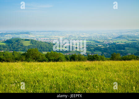 View the Mendip Hills over Wookey Hole, Wells and the Somerset Levels, England. Stock Photo