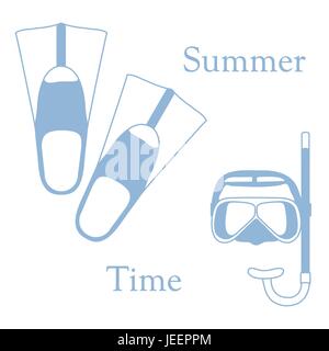 Stylized icon of a colored mask, tube and flippers for a scuba diving. Sports and recreation theme. Design for banner, poster or print. Stock Vector