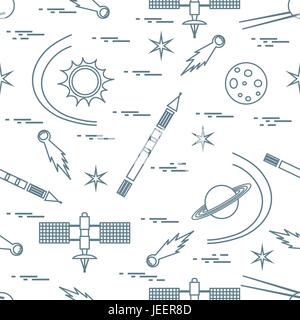 Seamless pattern with variety space exploration elements. Design for banner, poster or print. Stock Vector