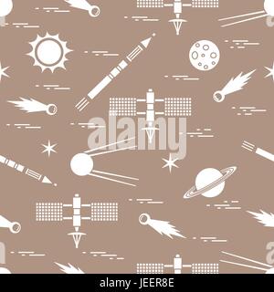 Seamless pattern with variety space exploration elements. Design for banner, poster or print. Stock Vector
