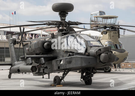 PARIS, FRANCE - JUN 23, 2017: US Army Boeing AH-64 Apache attack helicopter on display at the Paris Air Show 2017 Stock Photo