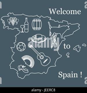 Vector illustration with various symbols of Spain. Travel and leisure. Design for banner, poster or print. Stock Vector