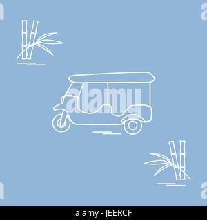 Stylized icon of tuk-tuk and bamboo. Traditional taxi in Thailand, India. Design for banner, poster or print. Stock Vector
