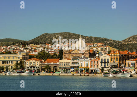 View of the town of Mytilene, capital and largest town on Lesvos island, Greece. Stock Photo