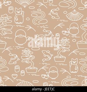 Cute vector pattern with bonsai tree, minimal rock garden, japanese lucky cat Maneki Neko, carp koi and other. Travel and leisure. Stock Vector