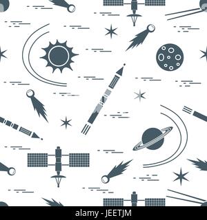 Seamless pattern with variety space exploration elements. Design for banner, poster or print. Stock Vector