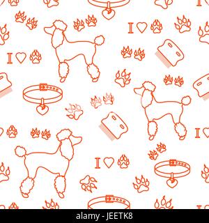 Seamless pattern with poodle silhouette, comb, collar, dog tracks and hearts. Design for banner, poster or print. Stock Vector