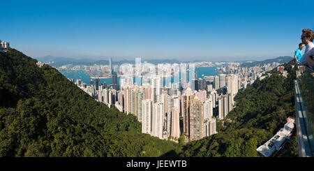Horizontal panoramic aerial cityscape of Hong Kong, China.