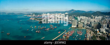 Horizontal aerial panoramic cityscape of Hong Kong, China. Stock Photo