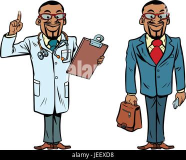 African doctor and businessman. African American people. Comic cartoon style pop art retro vector illustration Stock Vector