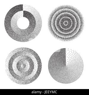 Abstract Geometric Shape Set Vector. Black Dotted Round Circle. Film Grain, Noise, Grunge Texture. Halftone Background. Vintage Dotwork Engraving Vector Illustration. Stock Vector