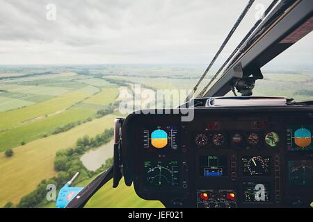 Flight in rainy weather. View from the helicopter of the emergency medical service. Czech Republic. Stock Photo