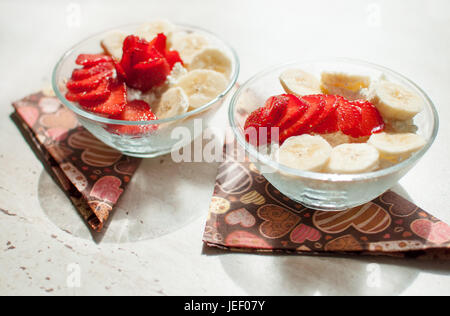 Bowls of cottage cheese with fruit jam and berries on grunge background ...