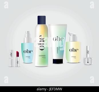Set of cosmetic bottles mockup. Shampoo, Perfume, Cream packaging Stock Vector