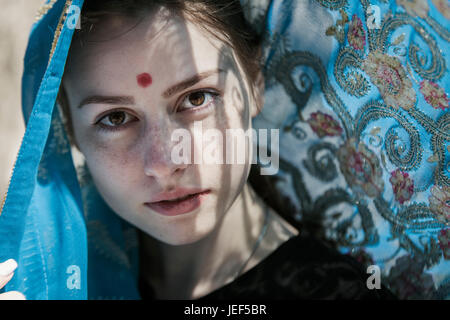 The girl the European covered with a sari, a faces portrait Stock Photo