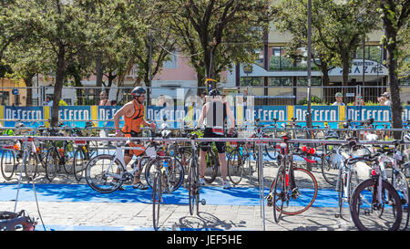 Pescara; Italy - June 18; 2017: Athlete in the transition area for start bicycle test at Pescara's Ironman 70.3 Stock Photo