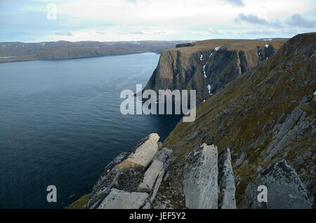 In Norway on the island Mager? ? ya, at a north point, lies the Nordkapp, a slate plateau precipitously towering from the Antarctic Ocean., In Norwege Stock Photo