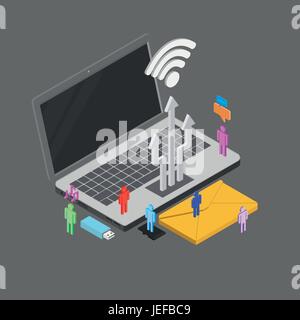 Isometric people using internet around, electronic devices, social media, social network, vector illustration. Stock Vector