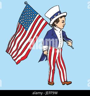 Portrait of little boy in Uncle Sam costume walking with American flag, drawn by hand vector illustration in pop art doodle comics style Stock Vector