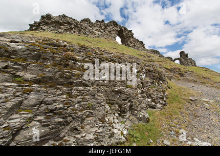 The town of Llangollen, Wales. Picturesque view of the ancient remains of Castell Dinas Bran above the town of Llangollen. Stock Photo