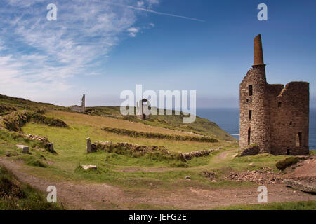 Tin mines and engine houses on the coast of Cornwall near St Just Stock Photo