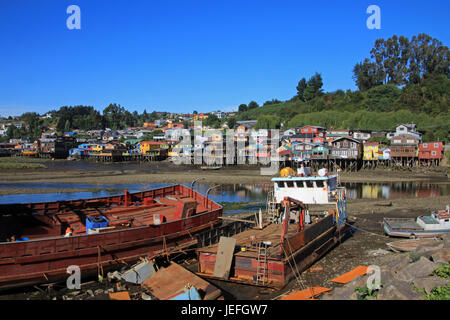 Palafito houses on stilts in Castro, Chiloe Island, Chile Stock Photo