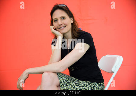 Helen Czerski, writer and television presenter,  physicist and oceanographer.  Author of 'Storm in a Teacup: the physics of Everyday'. She is currently a Research Fellow in the department of mechanical engineering at University College London,  at the 2017 Hay Festival of Literature and the Arts, Hay on Wye, Wales UK Stock Photo